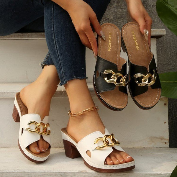 Women's Metal buckle Leather High Heel Sandals
